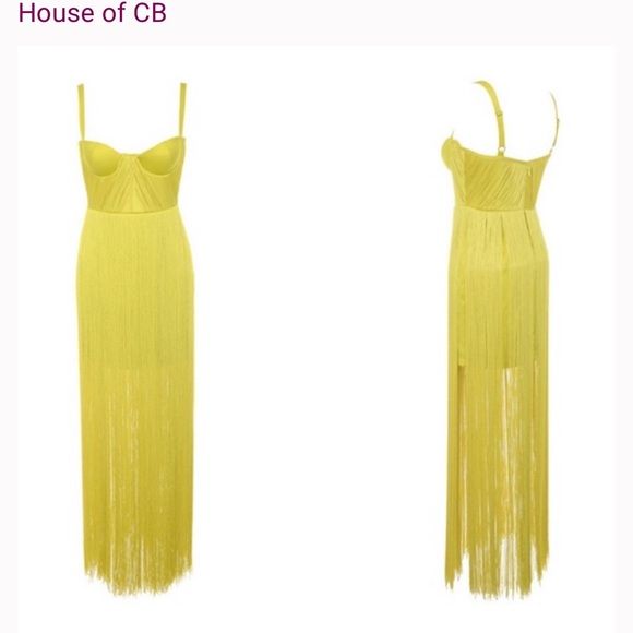 HOUSE OF CB 'Emee' Acid Yellow Satin Fringe Dress/Size M-US 6-8. Chartreuse - Picture 2 of 11